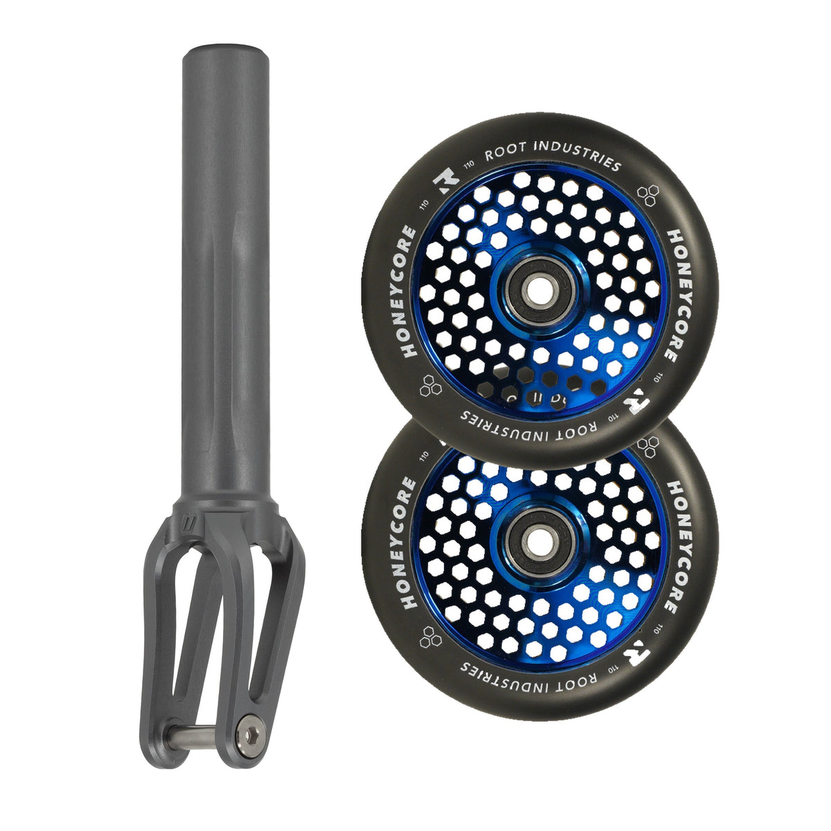 Unfair FX-1 Fork + Root Honeycore 110mm Wheels Saver Pack – Graphite / Black on Blu-Ray