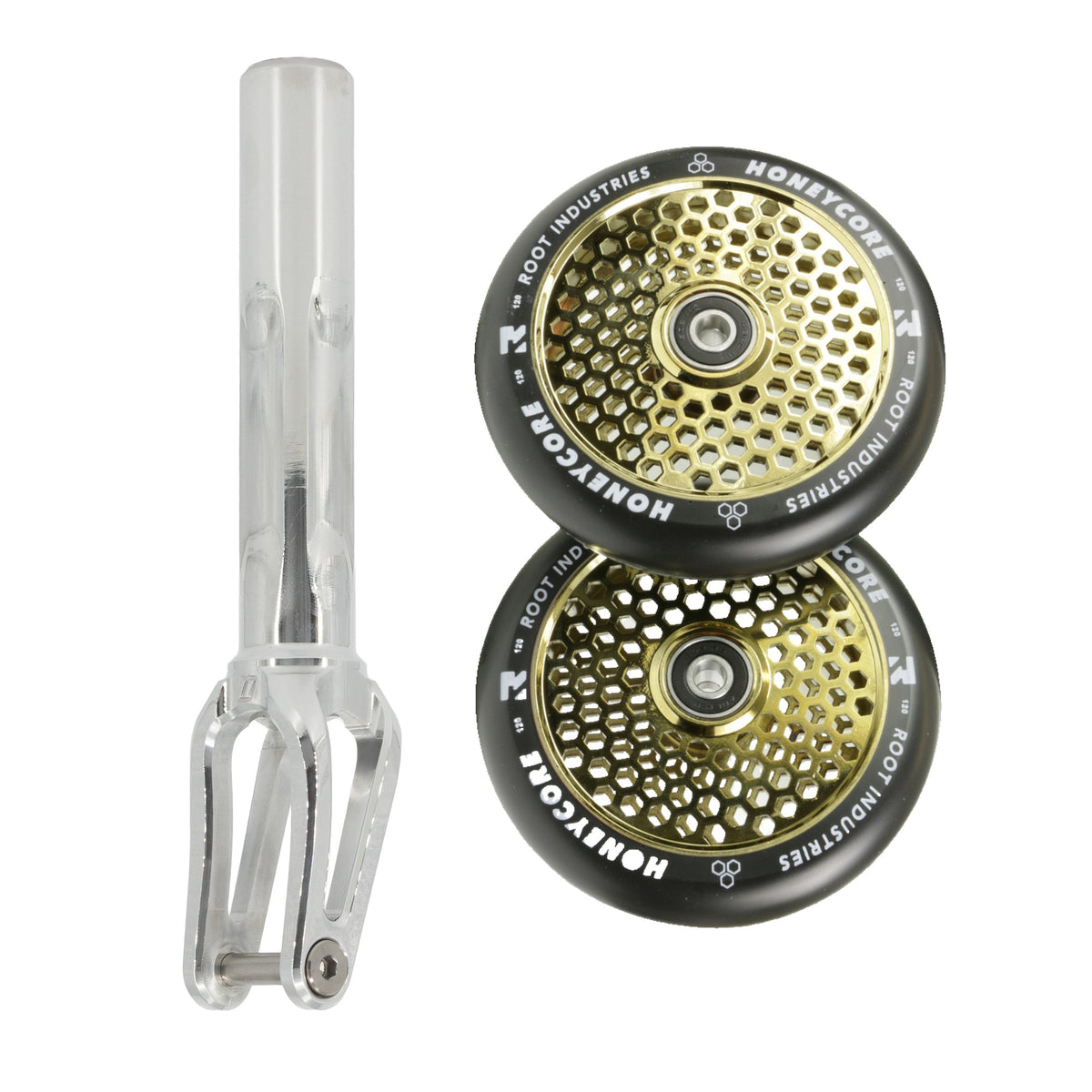 Unfair FX-1 Fork + Root Honeycore 120mm Wheels Saver Pack – Mirror / Black on Gold Rush