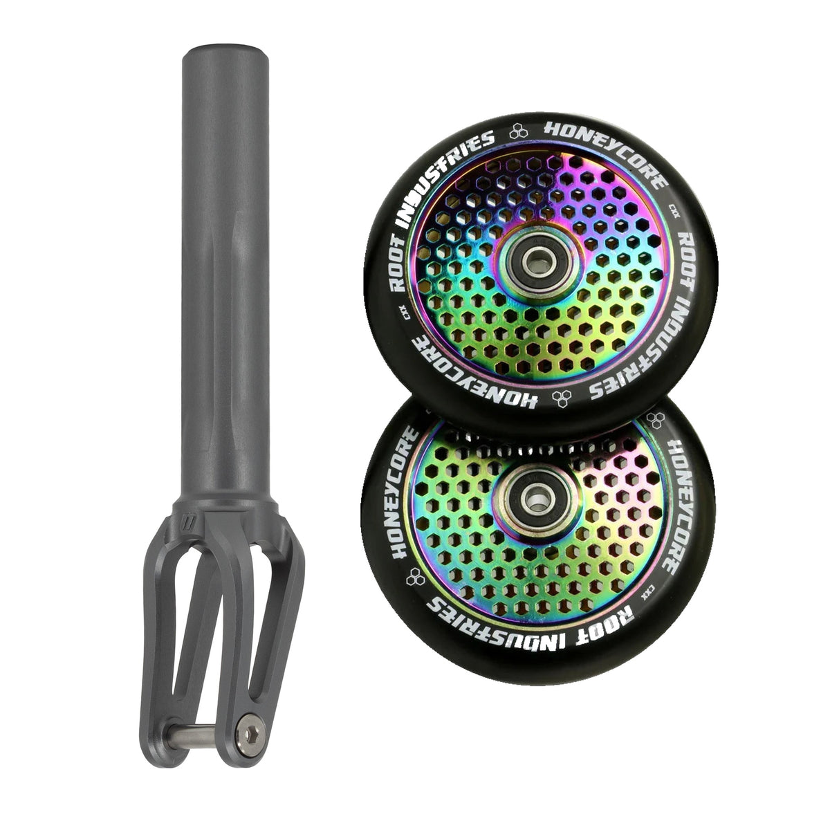 Unfair FX-1 Fork + Root Honeycore 120mm Wheels Saver Pack – Graphite / Black on Rocket Fuel