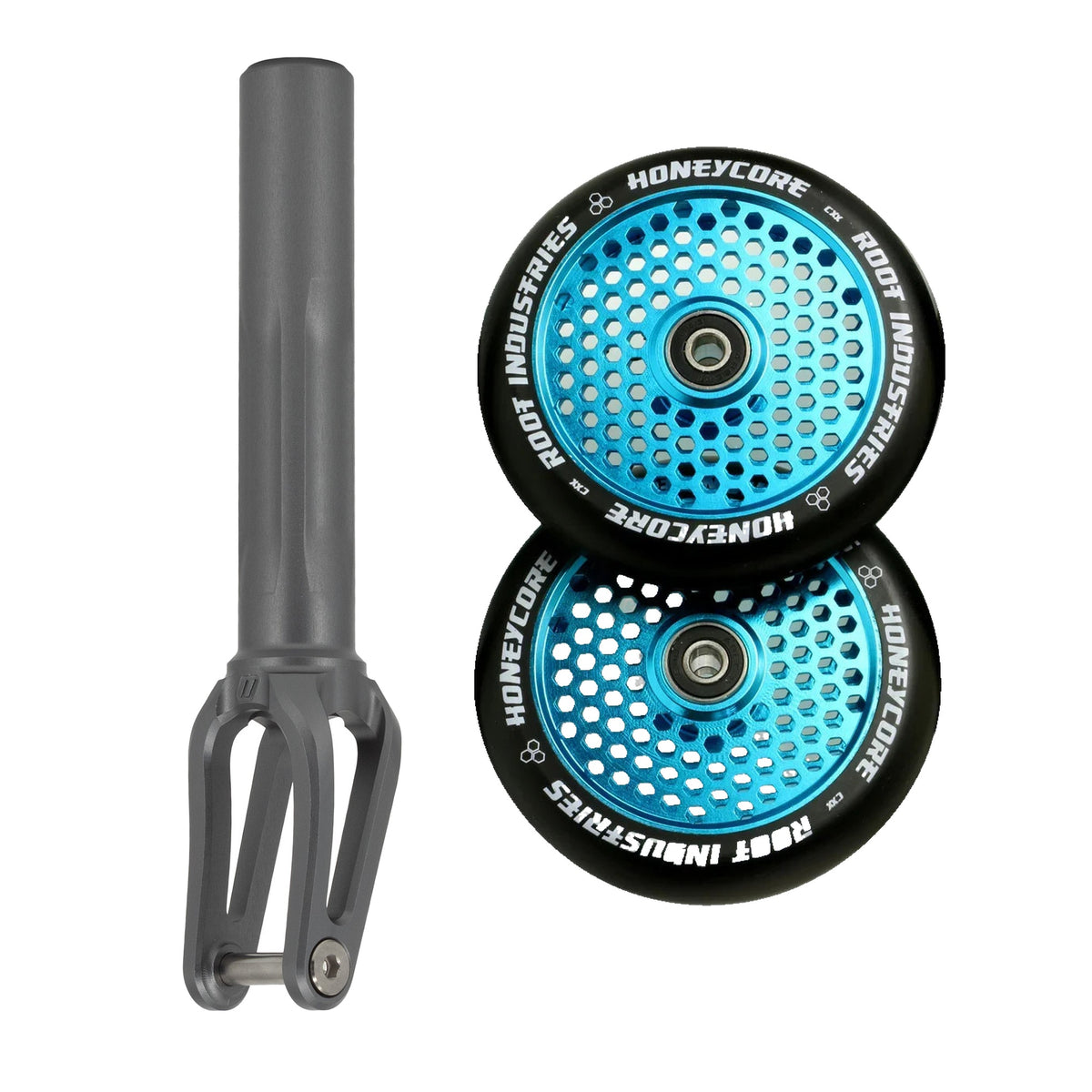 Unfair FX-1 Fork + Root Honeycore 120mm Wheels Saver Pack – Graphite / Black on Sky Blue