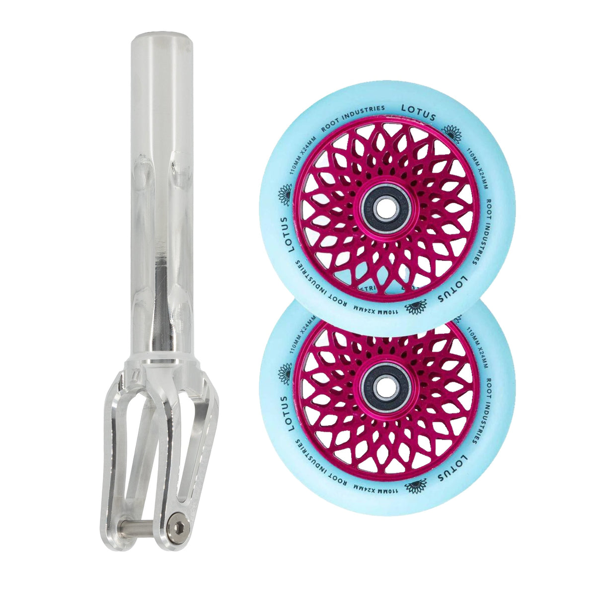 Unfair FX-1 Fork + Root Lotus 110mm Wheels Saver Pack – Mirror / Glow on Pink