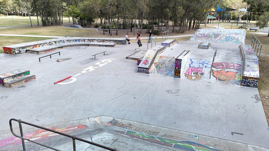 Drone view over the Coorparoo skatepark street plaza, Brisbane