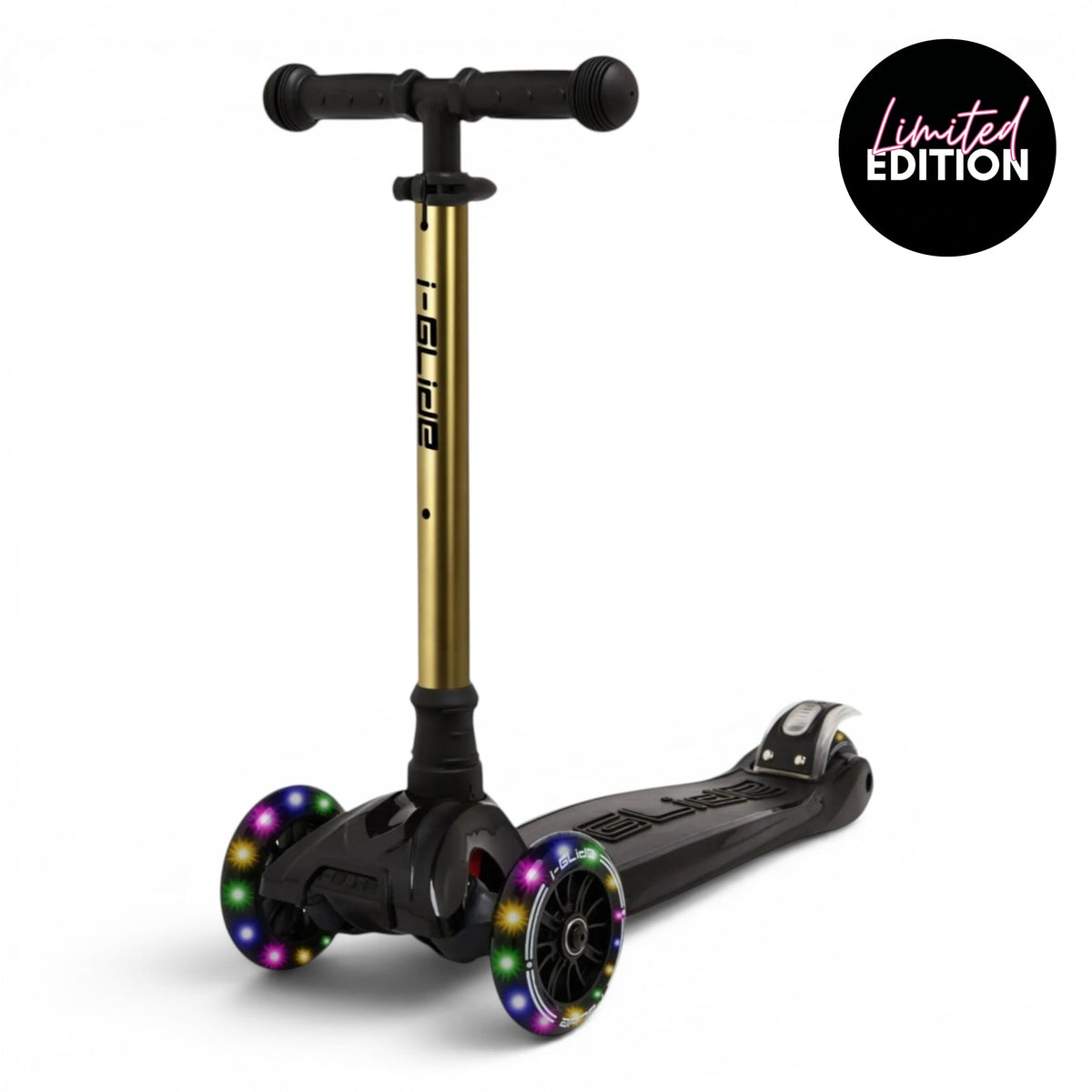 I-GLIDE 3-Wheel Kids Scooter - Limited Edition Black/GoldChrome - angled view