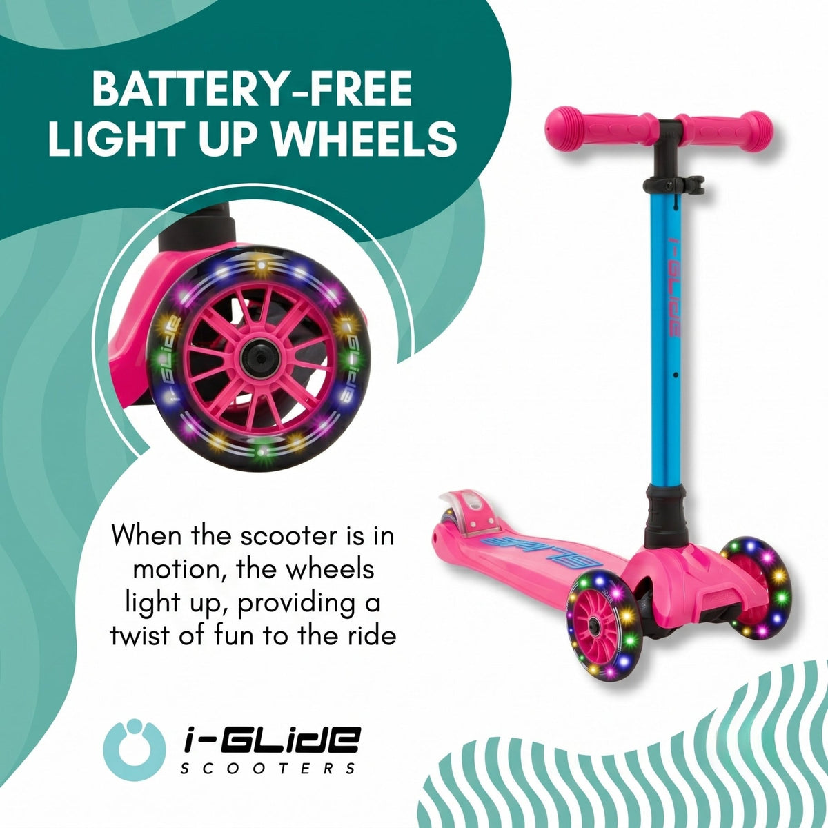 I-GLIDE 3-Wheel Kids Scooter - Pink/Aqua - wheel