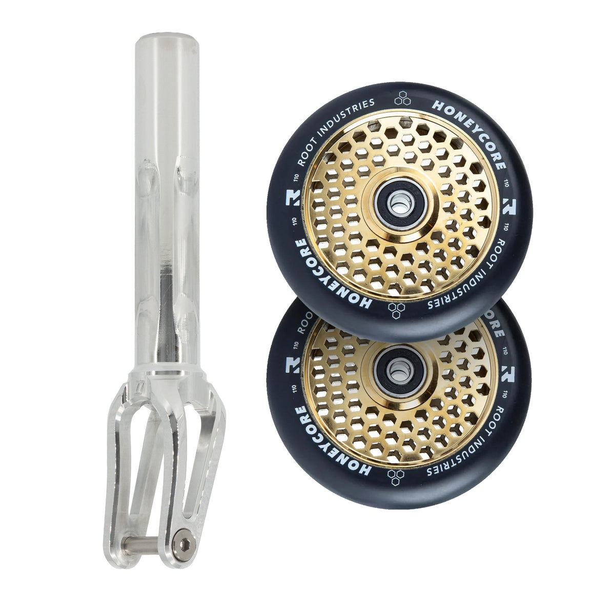 Unfair FX-1 Fork + Root Honeycore 110mm Wheels Saver Pack – Mirror / Black on Gold Rush