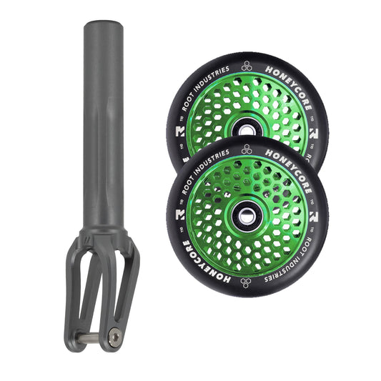 Unfair FX-1 Fork + Root Honeycore 110mm Wheels Saver Pack – Graphite / Black on Green