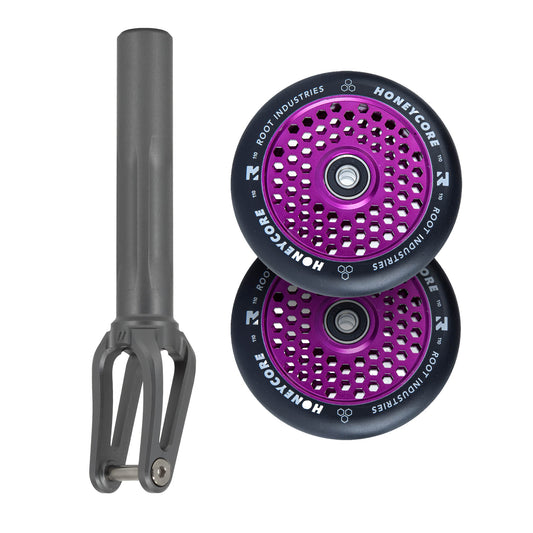 Unfair FX-1 Fork + Root Honeycore 110mm Wheels Saver Pack – Graphite / Black on Purple