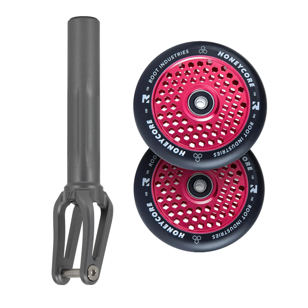 Unfair FX-1 Fork + Root Honeycore 110mm Wheels Saver Pack – Graphite / Black on Red