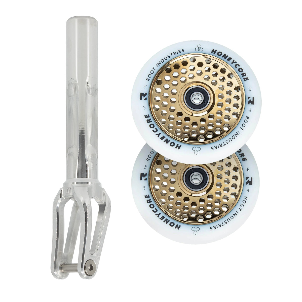 Unfair FX-1 Fork + Root Honeycore 110mm Wheels Saver Pack – Mirror / White on Gold Rush