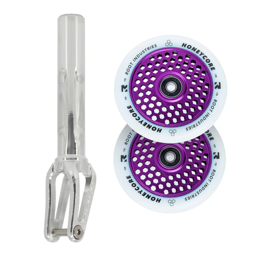 Unfair FX-1 Fork + Root Honeycore 110mm Wheels Saver Pack – Mirror / White on Purple