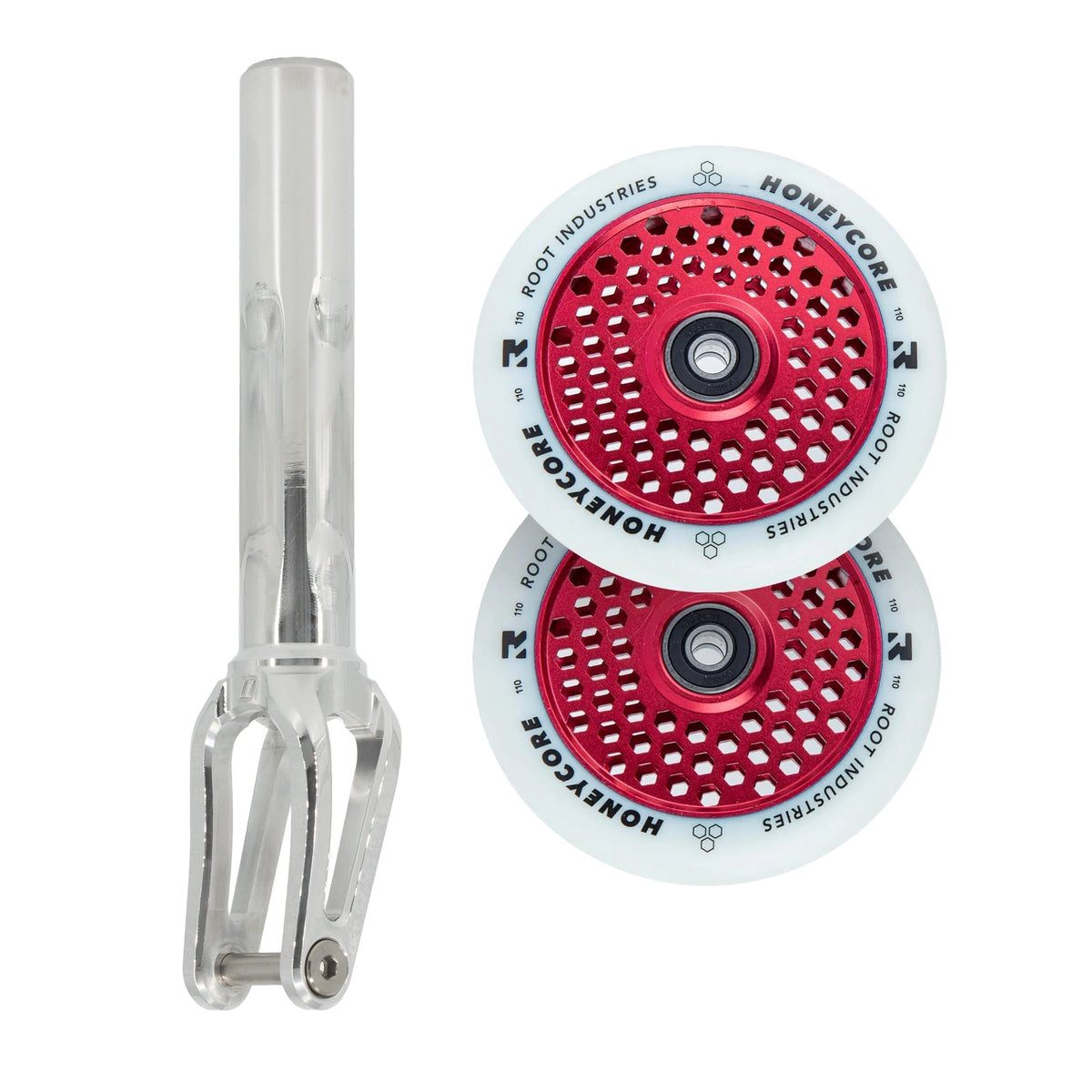 Unfair FX-1 Fork + Root Honeycore 110mm Wheels Saver Pack – Mirror / White on Red