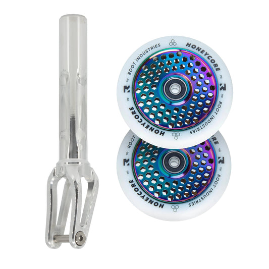Unfair FX-1 Fork + Root Honeycore 110mm Wheels Saver Pack – Mirror / White on Rocket Fuel