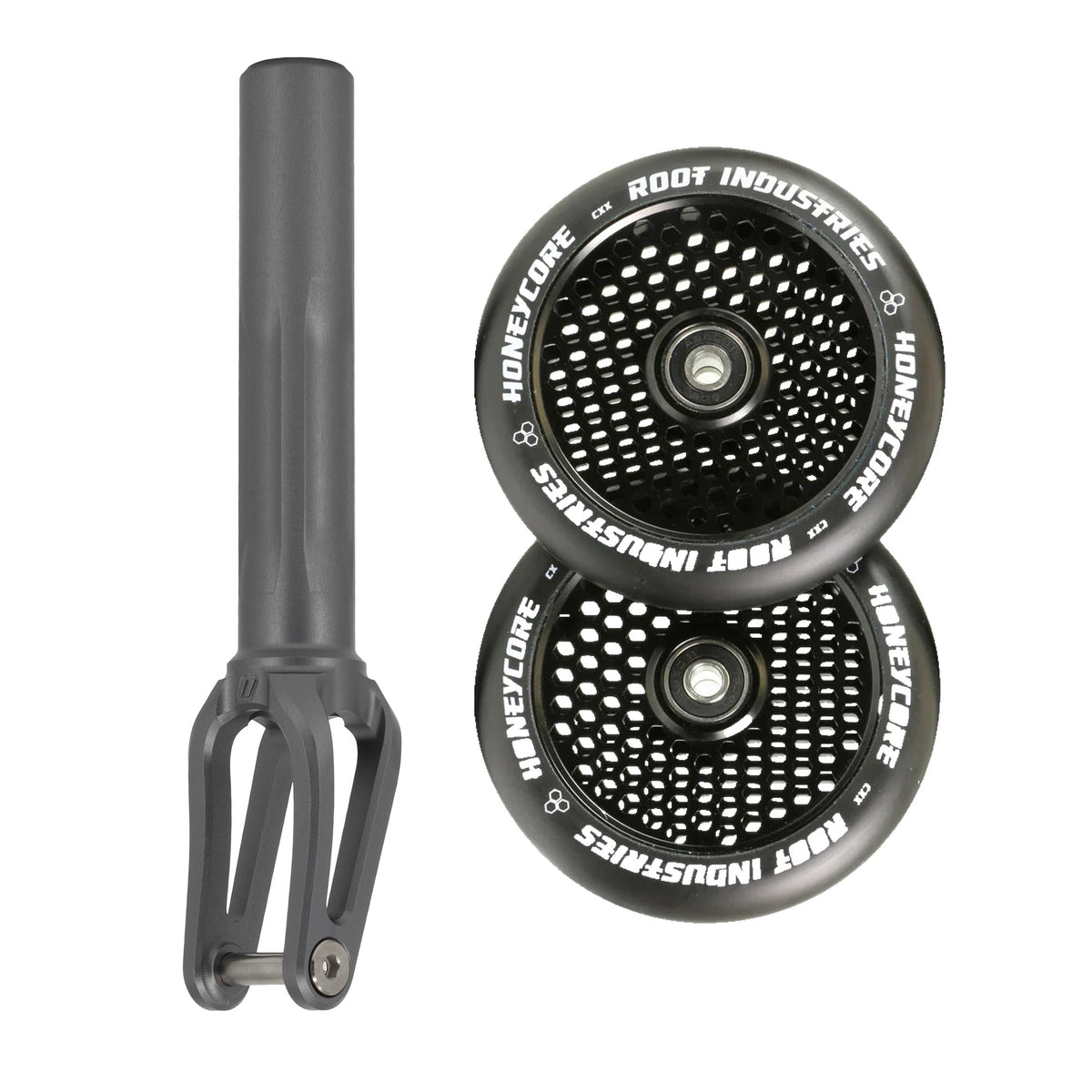 Unfair FX-1 Fork + Root Honeycore 120mm Wheels Saver Pack – Graphite / Black on Black