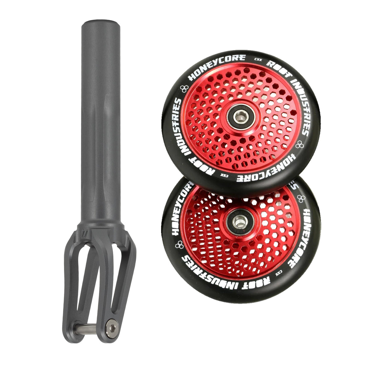 Unfair FX-1 Fork + Root Honeycore 120mm Wheels Saver Pack – Graphite / Black on Red