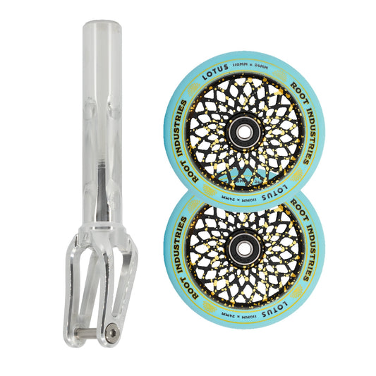 Unfair FX-1 Fork + Root Lotus 110mm Wheels Saver Pack – Mirror / Blue on Gold Splatter