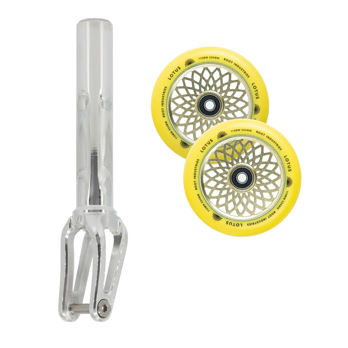 Unfair FX-1 Fork + Root Lotus 110mm Wheels Saver Pack – Mirror / Yellow on Yellow